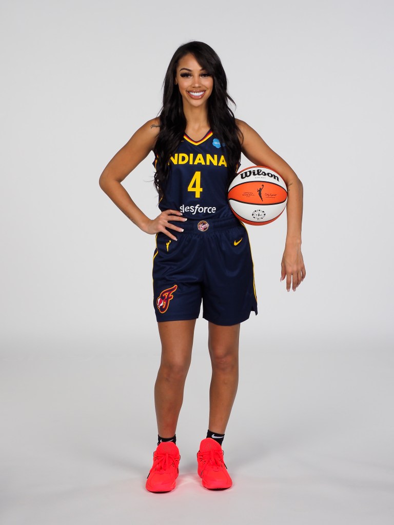 INDIANAPOLIS - MAY 03:  Kysre Gondrezick #4 of the Indiana Fever poses for a portrait during the WNBA Media Day at Bankers Life Fieldhouse on May 3, 2021 in Indianapolis, Indiana. 