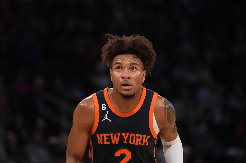 Miles McBride #2 of the New York Knicks looks on during the game against the Atlanta Hawks on December 7, 2022 at Madison Square Garden in New York City, New York.