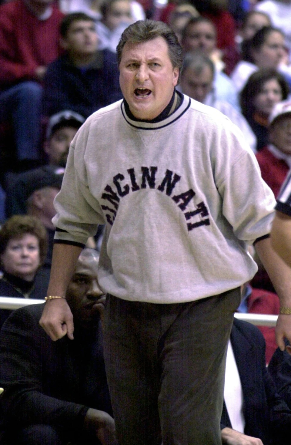 Cincinnati coach Bob Huggins shouts during a basketball game with Kentucky Wesleyan Mon. Nov. 12, 2001.