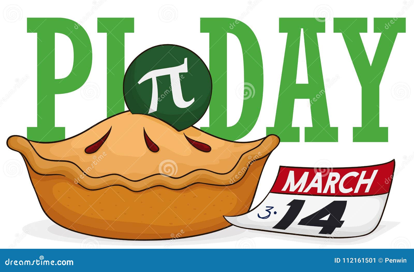 Delicious Pie with Loose-leaf Calendar to Celebrate Pi Day, Vector Illustration. Banner with a delicious pie, a pin with pi symbol inside a and loose-leaf calendar promoting 14th March: Pi Day celebration.